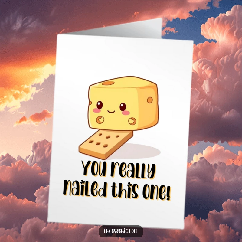 Funny Free Printable Congrats Card: A precarious block of cheese attempts to maintain balance on a comically small cracker.