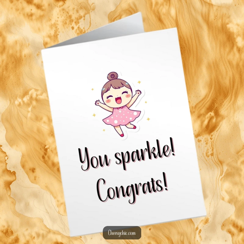 Funny Free Printable Congratulations Card: Round Character in Sparkly Dress Bouncing with Excitement