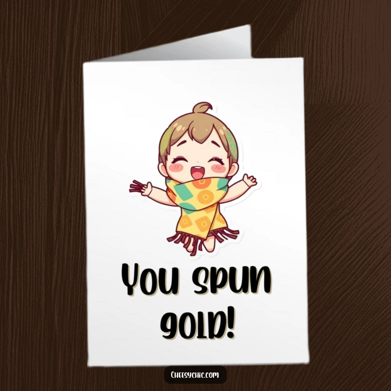 Funny Free Printable Congrats Card: Character with a colorful scarf spins with delight, celebrating a big win.