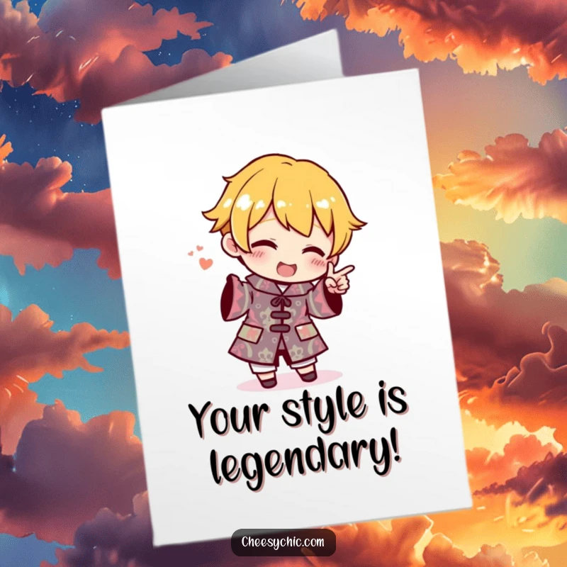 Funny free printable congratulations card features a stylized character enthusiastically highlighting their incredibly loud and patterned outfit.