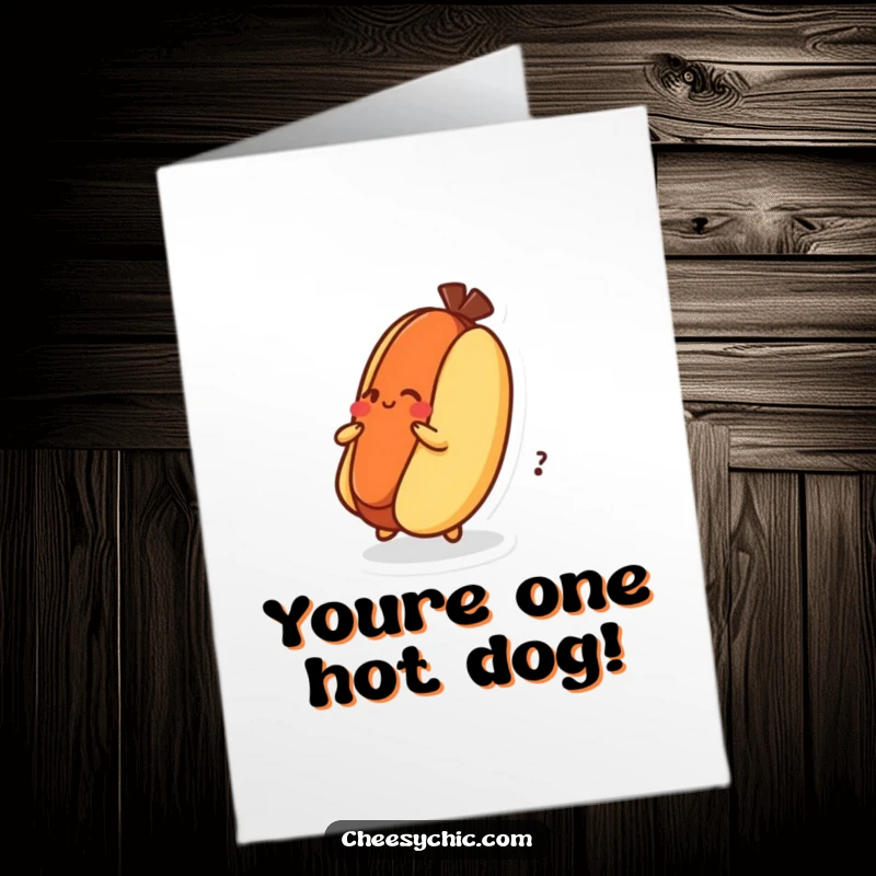 Funny Free Printable Congratulations Card: Energetic hot dog character spinning on its bun in celebration.