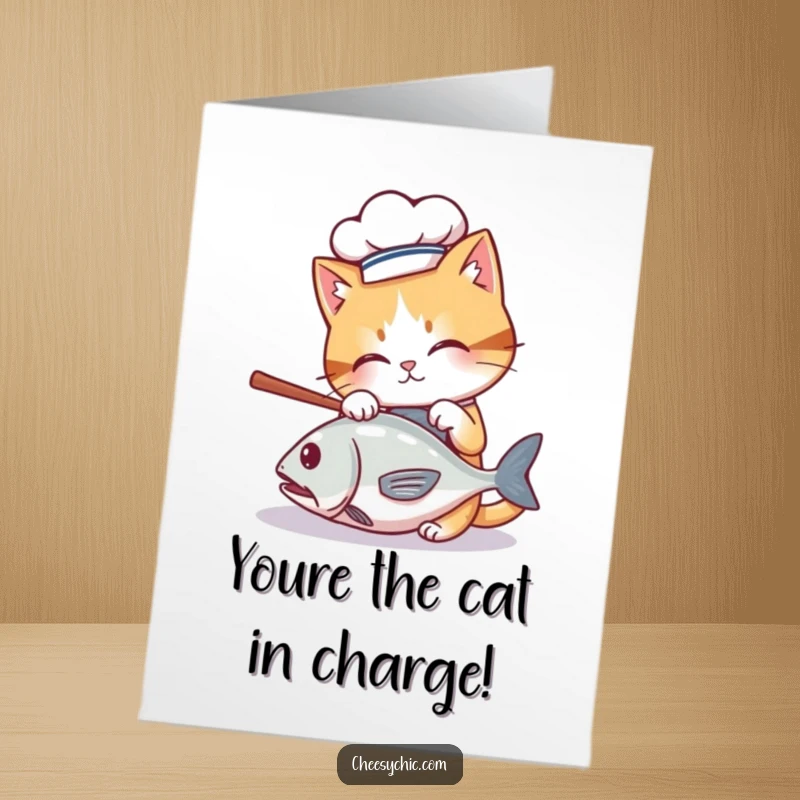 Funny Free Printable Congratulations Card: A chef cat attempts to catch a rolling fish, celebrating success.