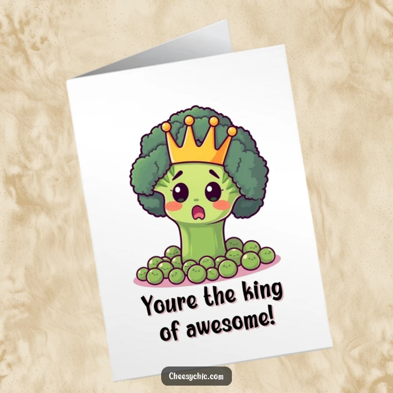 Funny Free Printable Congrats Card: A surprised broccoli floret, wearing a crown, sits on a throne ruling a vast kingdom of peas.