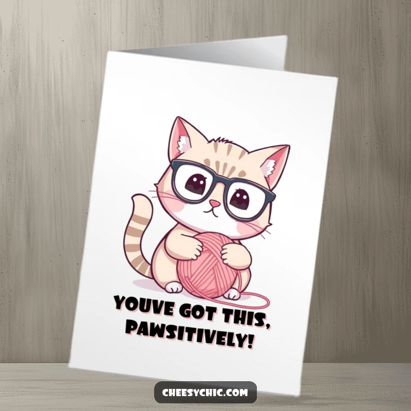 Funny Free Printable Congratulations Card: A studious cat wearing glasses contemplates a ball of yarn, wishing congrats.