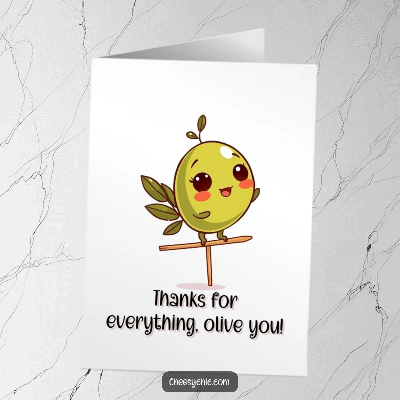 Funny Free Printable Thank You Card: A cute olive character balances on a toothpick, sending thanks.
