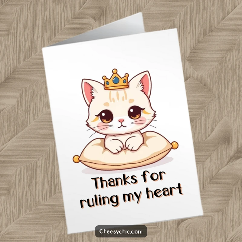 Funny Free Printable Thank You Card: Cat in a crown sits majestically on a cushion, offering royal thanks.