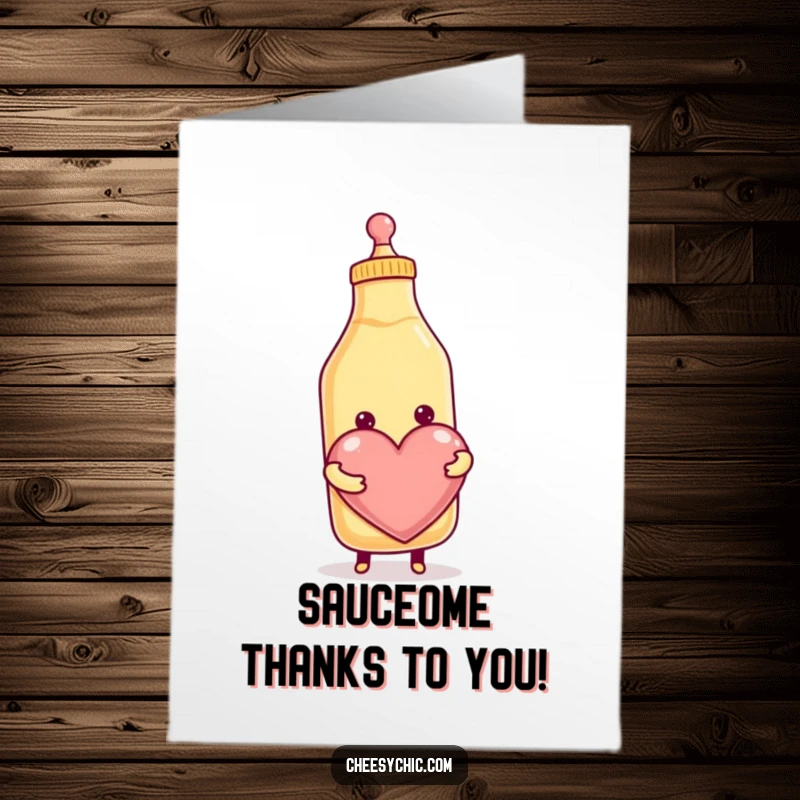 Funny Free Printable Thank You Card with a smiling condiment bottle presenting a giant heart, a unique way to show gratitude.