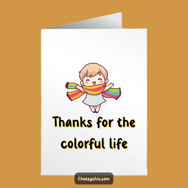 Free Printable Thank You Card: Dancing Character, Rainbow Scarf, Downloadable
