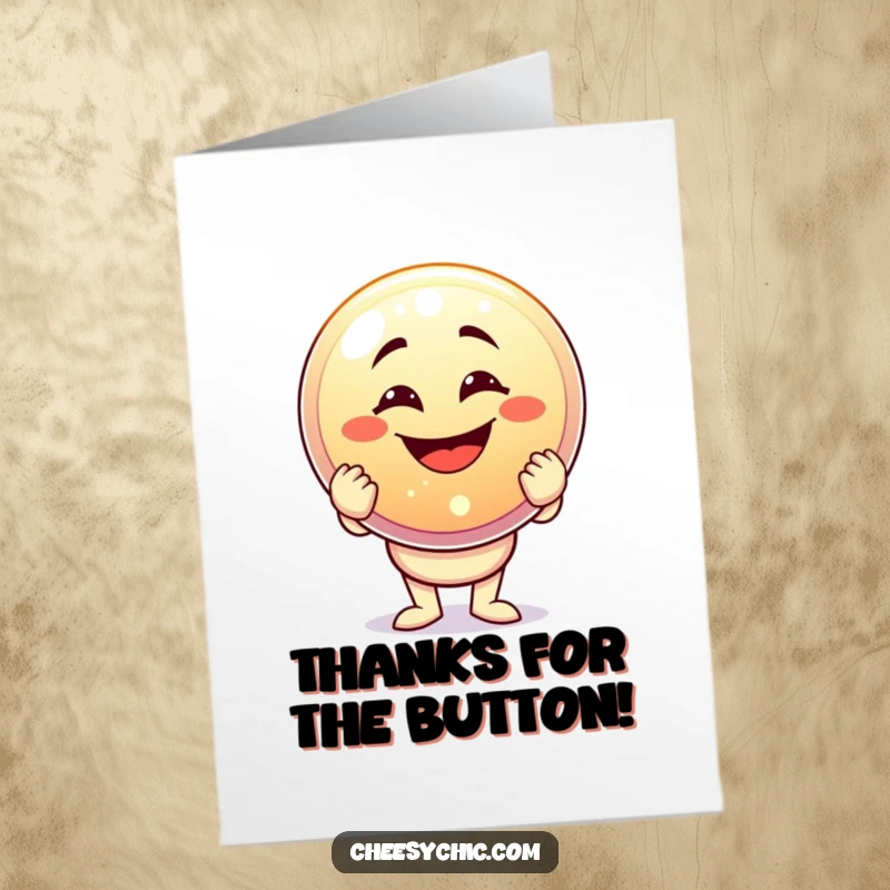 Funny Free Printable Thank You Card: A character grins goofily, presenting a large, shimmering button.