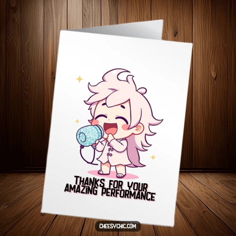 Funny Free Printable Thank You Card: Character joyfully sings into a giant glitter microphone, expressing heartfelt thanks.