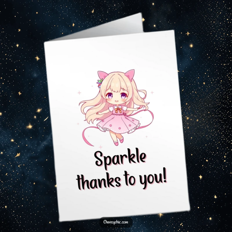 Funny Free Printable Thank You Card: A joyful character twirls, a wavy trail of glittery sparkle behind them.