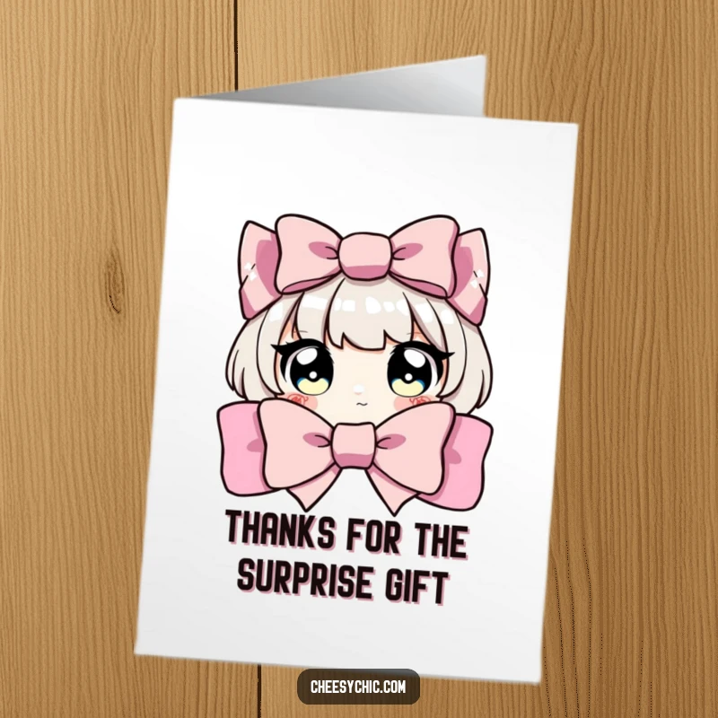 Funny Free Printable Thank You Card: Character peeks from behind a massive, dazzling bow, eyes wide with gratitude.