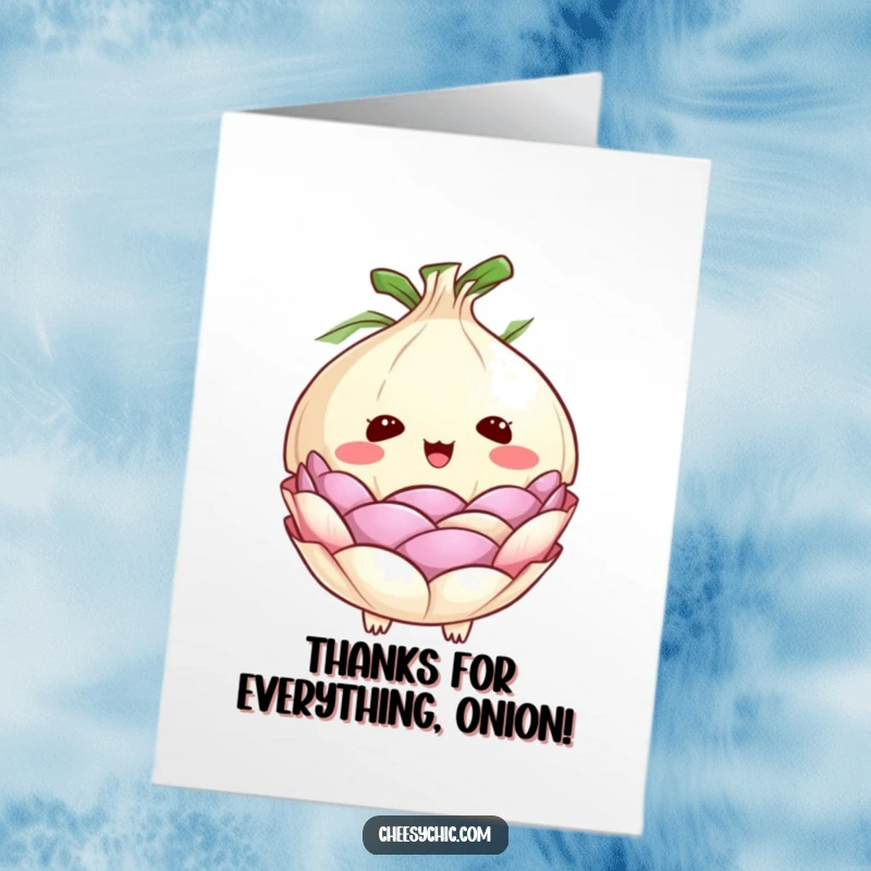Funny Free Printable Thank You Card depicting a surprised onion with peeling layers, a humorous way to say thanks.