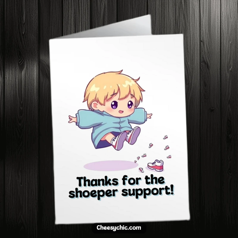 Funny free printable thank you card, a character trips with tiny shoes, expressing gratitude humorously.