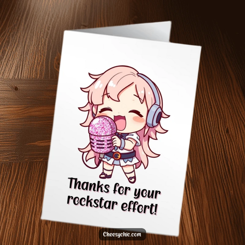 Funny free printable thank you card, a character singing loudly with a massive glitter-covered microphone.