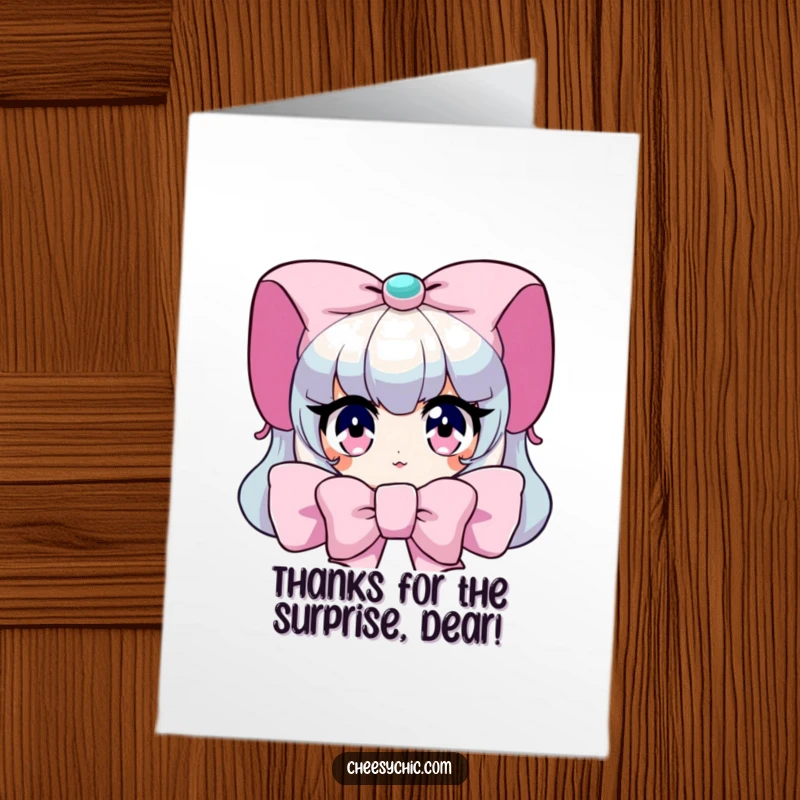 Funny free printable thank you card, a character peeking from behind a large bow with sparkling eyes.