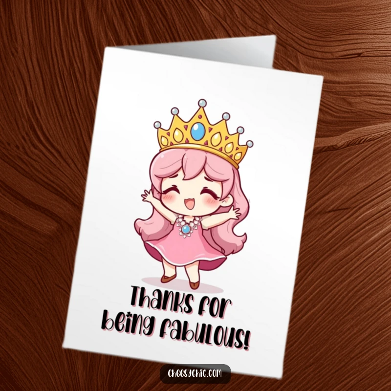 Funny Free Printable Thank You Card: Character in a large sequined tiara dancing joyfully to say thanks.