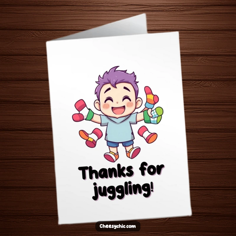 Funny Free Printable Thank You Card: Character Grinning While Juggling Colorful Socks, Grateful