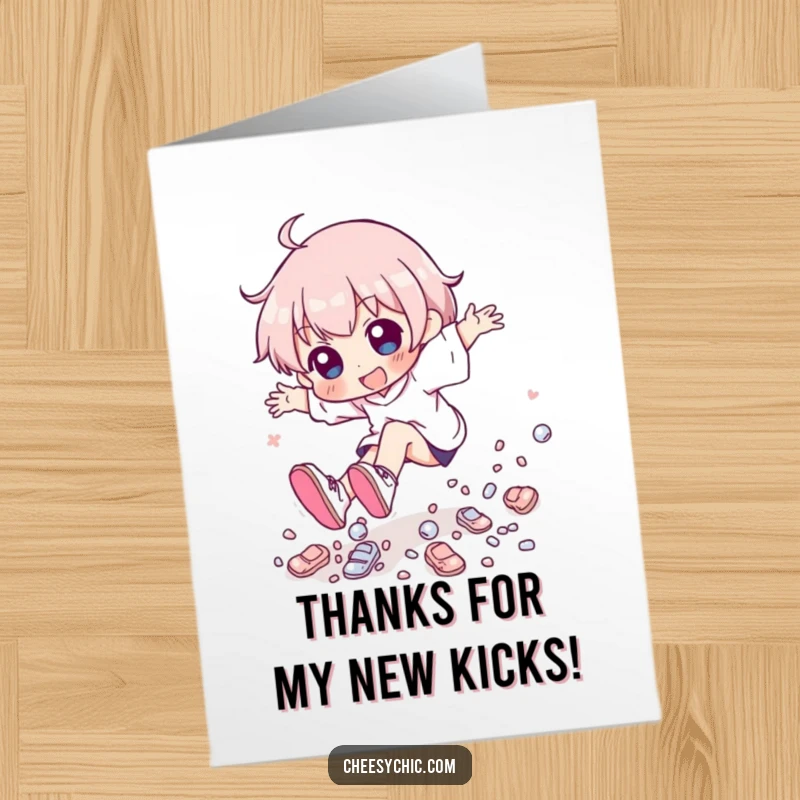 Funny Free Printable Thank You Card: A character tripping playfully, kicking up a cascade of tiny, shiny shoes.