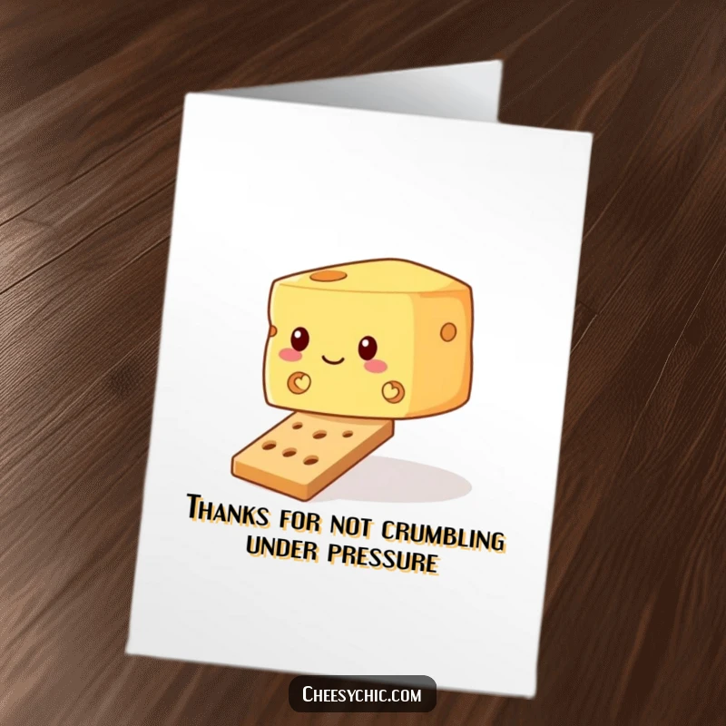Funny Free Printable Thank You Card: A wobbly block of cheese is precariously balanced on a tiny cracker, looking surprised.