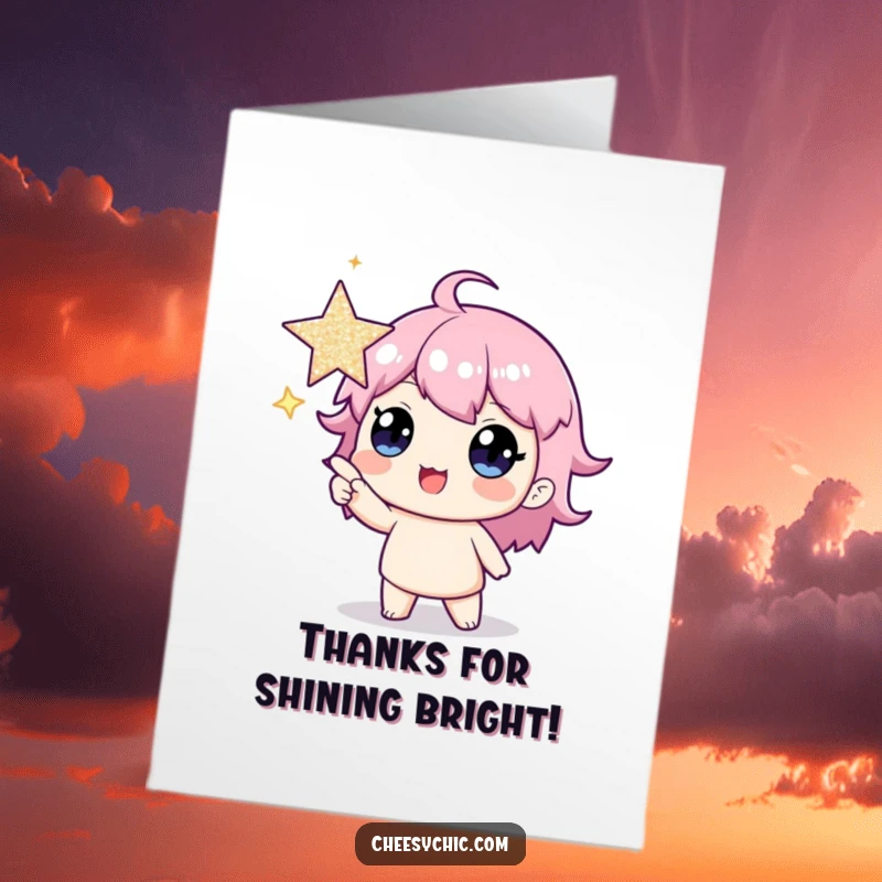 Funny Free Printable Thank You Card: Joyful character points with excitement at a giant, sparkling star.