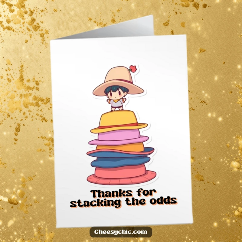 Funny free printable thank you card shows a stylized character attempting to balance on a precarious pile of large, colorful hats.