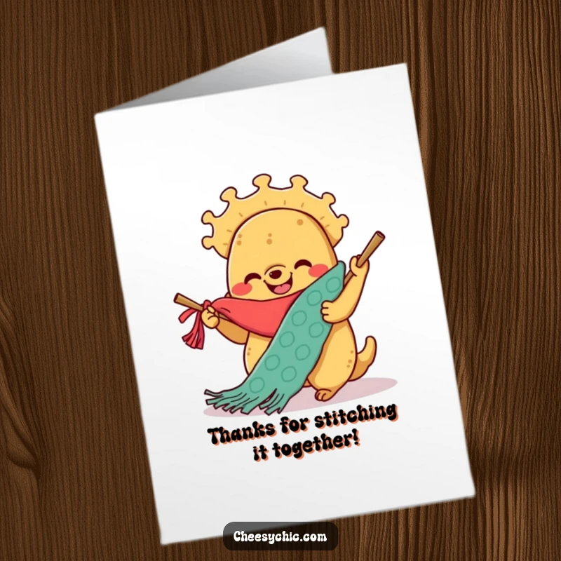 Funny Free Printable Thank You Card: A smiling taco intently knitting a long scarf, a cozy way to say thanks.