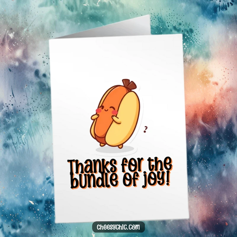 Funny Free Printable Thank You Card: Goofy hot dog character spinning on its bun, expressing thanks.