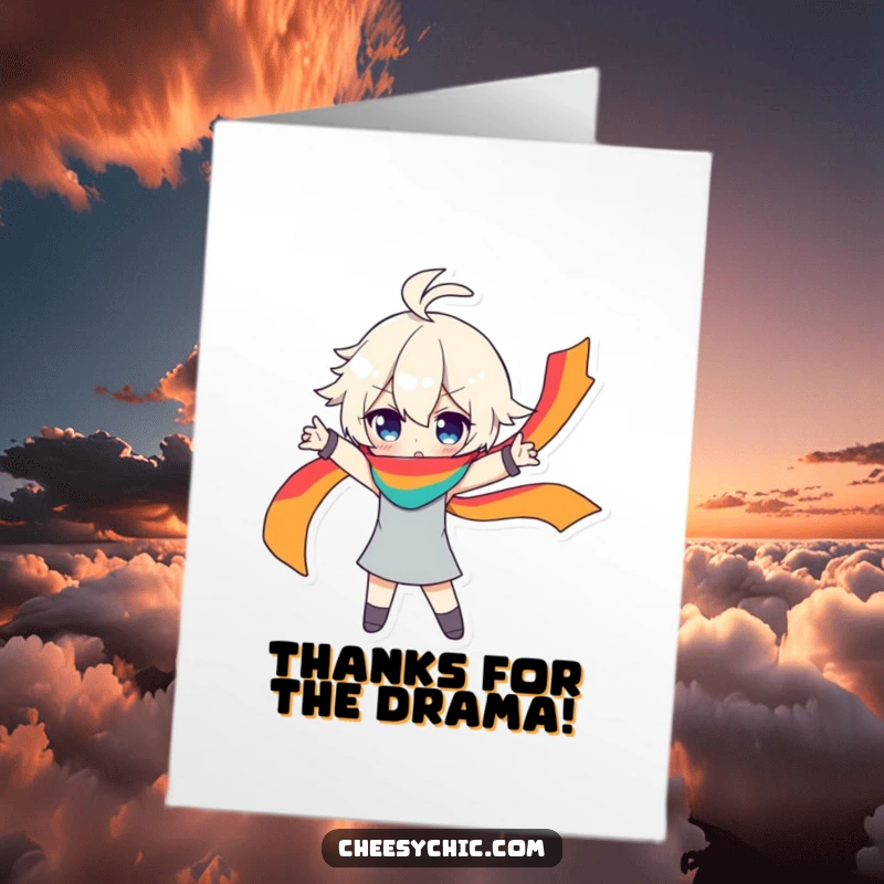 Funny Free Printable Thank You Card: Character in Dramatic Pose with Rainbow Scarf, Grateful