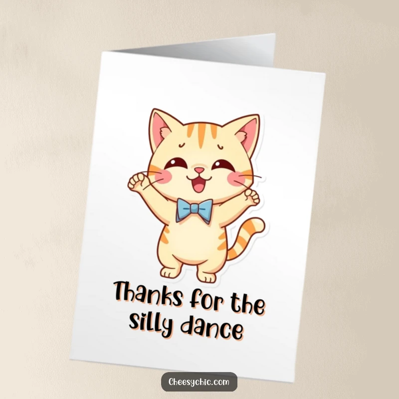 Funny Free Printable Thank You Card: Cat in a bow tie performing a silly dance, offering groovy thanks.