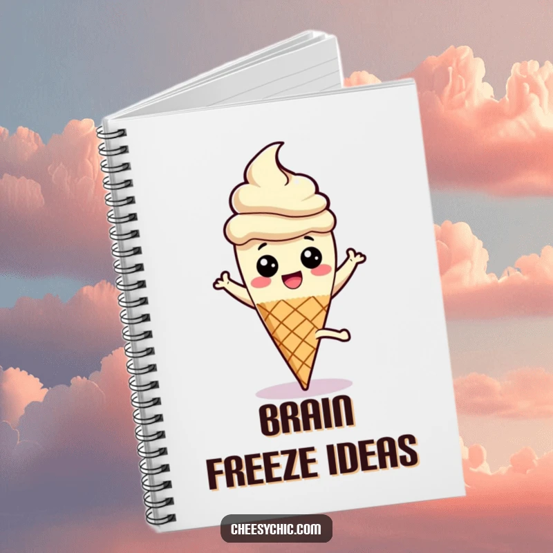 Funny notebook with a cheerful ice cream cone character doing a cartwheel, stick up, ideal for jotting down fun ideas.