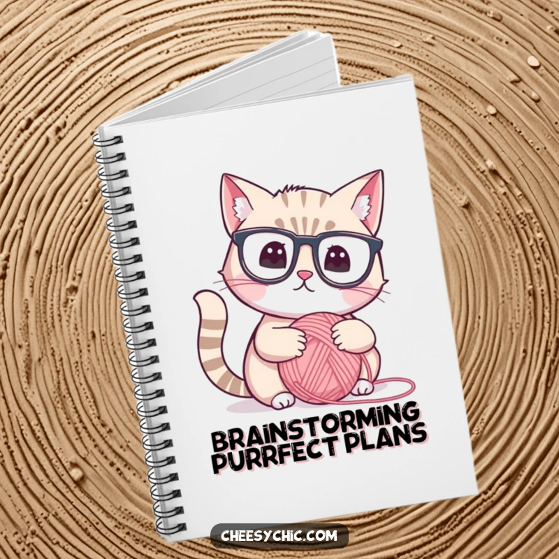 Funny notebook cover with a cute cat wearing reading glasses, looking thoughtfully at a yarn ball, intellectual and humorous stationery.