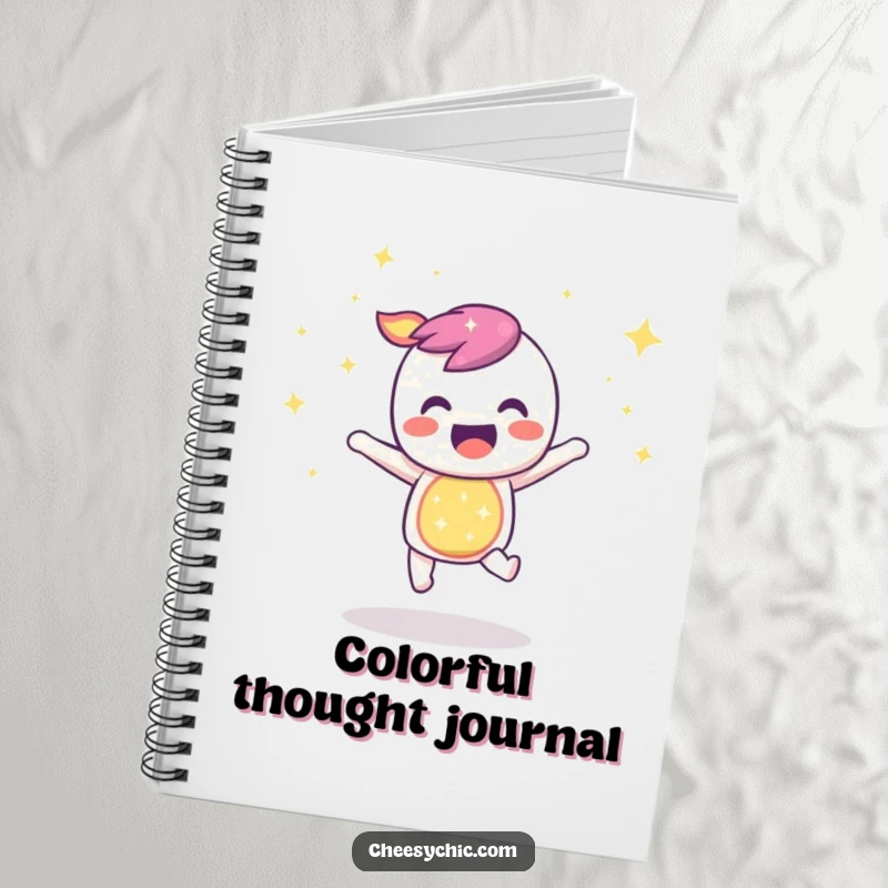Funny notebook with a sparkly rainbow character bouncing with infectious joy, ideal for jotting down bright and happy thoughts.