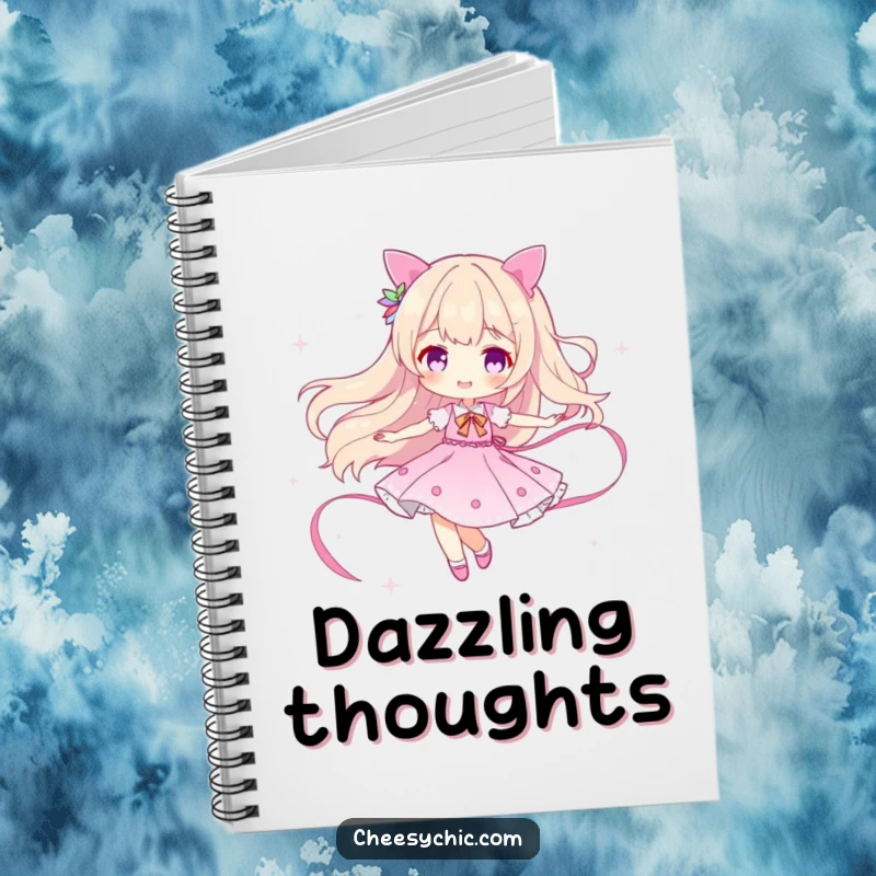 Funny notebook with a character twirling, creating a sparkle ribbon, inspiring creativity and humor for note-taking.