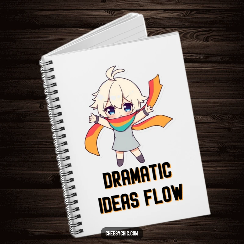 Funny notebook showcasing a character in a dramatic pose, with a flowing rainbow scarf, perfect for jotting down creative and bold ideas.