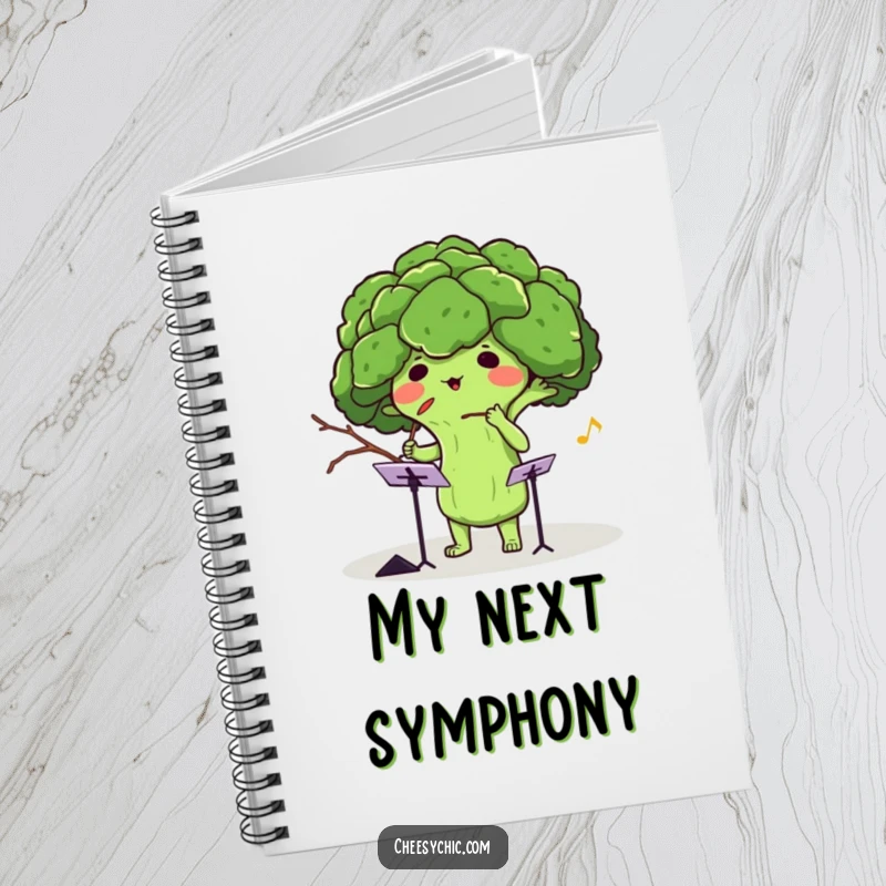 Funny notebook cover featuring an adorable anthropomorphic broccoli conducting an invisible orchestra with a twig, perfect for creative notes.