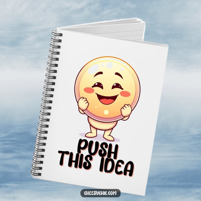 Funny notebook with a character holding a giant sparkling button, inspiring creativity and humor for note-taking.