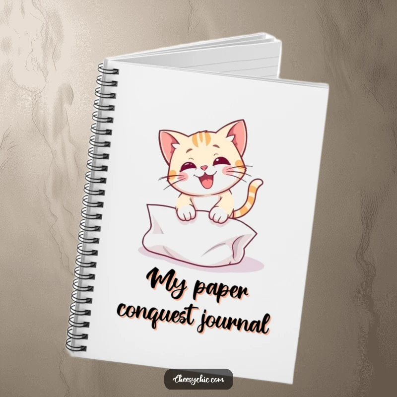 Funny notebook with a cute cat character energetically pouncing on a crumpled piece of paper, ready for notes.