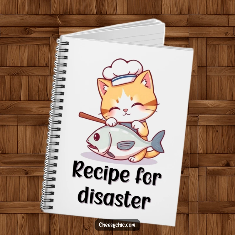 Funny notebook cover with a cute cat wearing a chef hat, batting at a rolling fish, culinary and humorous stationery.