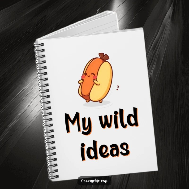 Funny Notebook with a design of a dizzy hot dog character spinning on its bun, great for jotting down fun ideas.