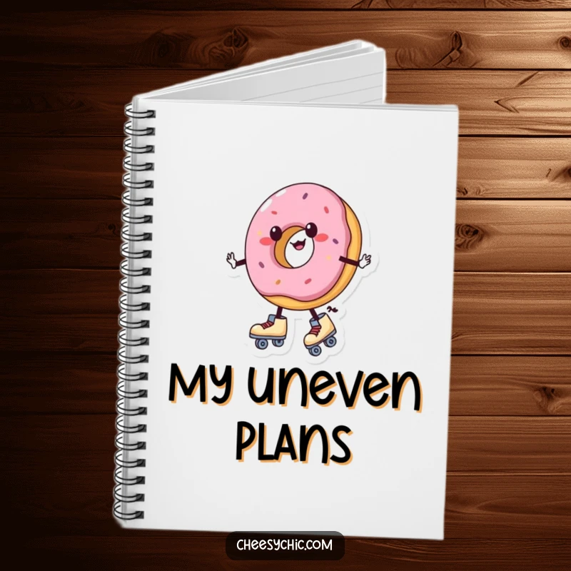 Funny notebook with a charming anthropomorphic donut wearing roller skates and wobbling, perfect for journaling sweet thoughts.