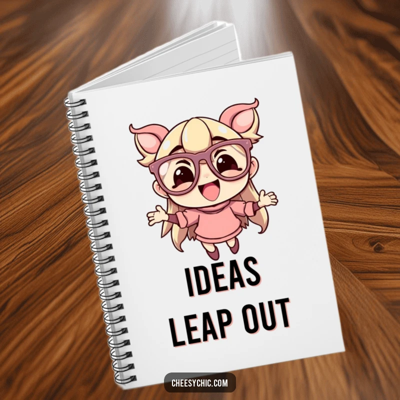 Funny notebook showcasing a character with oversized, flamboyant glasses, joyfully leaping, perfect for jotting down creative and fun thoughts.