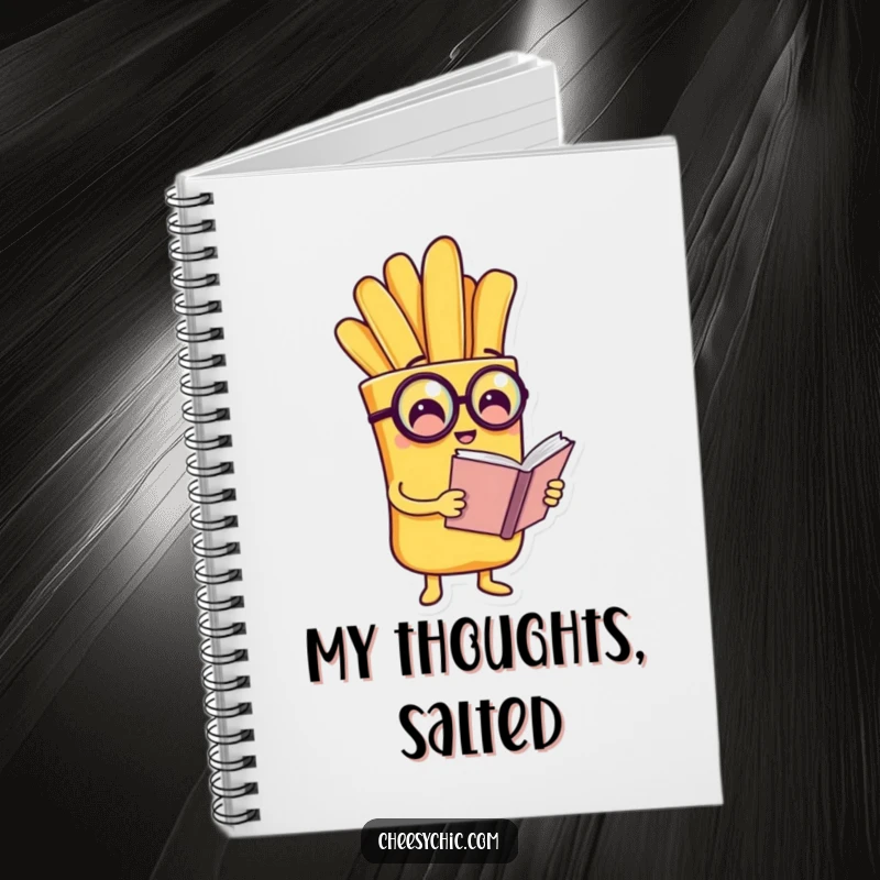 Funny notebook cover featuring a charming anthropomorphic french fry wearing a monocle and reading a tiny book, perfect for intellectual notes.