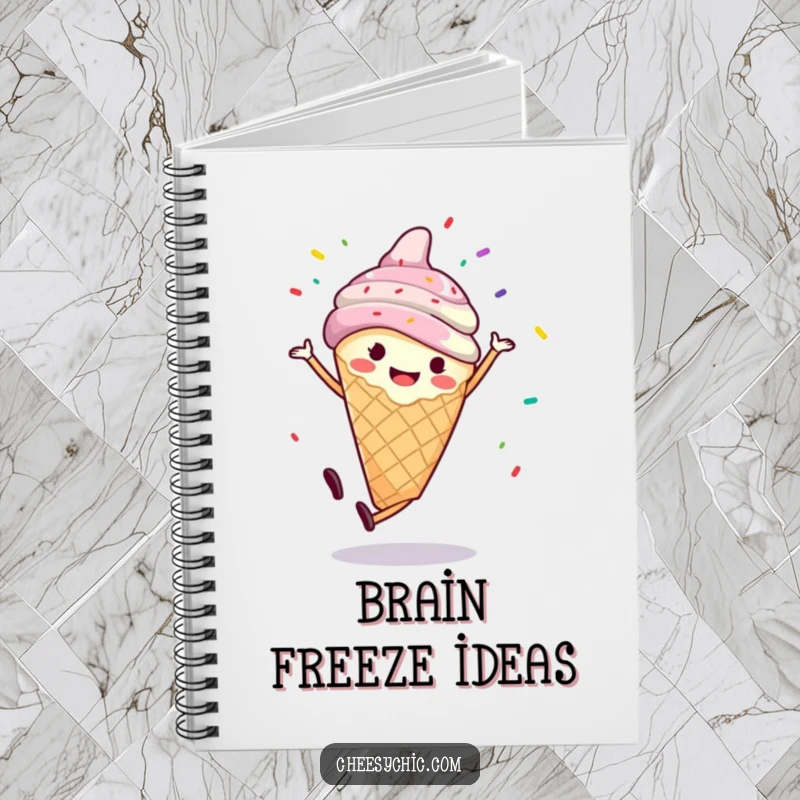 Funny notebook with a smiling ice cream cone doing a cartwheel with sprinkles flying, perfect for journaling sweet memories.