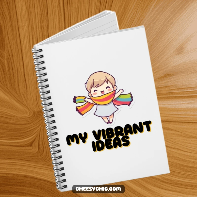 Funny Notebook with a small stylized character joyfully dancing, their rainbow scarf creating a vivid pattern.