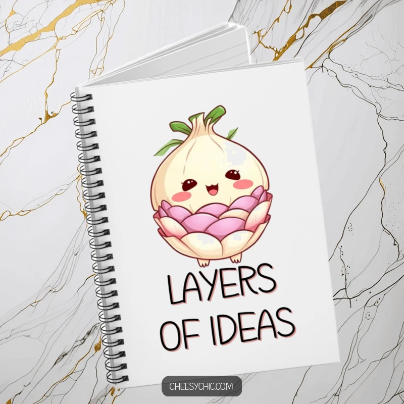 Funny notebook featuring a cute anthropomorphic onion with its layers peeling back, signifying an unexpected and delightful surprise.