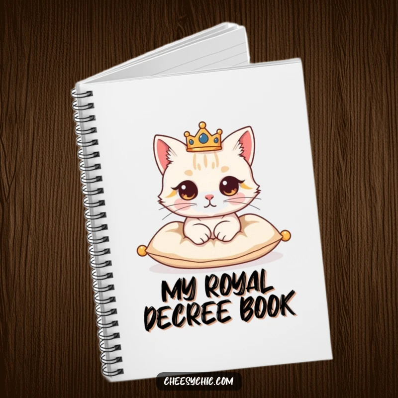 Funny notebook featuring a cute cat character adorned with a crown, looking regal on a cushion, ready for notes.