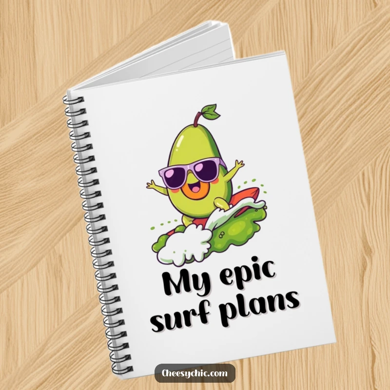 Funny notebook cover with a cheerful avocado wearing sunglasses, surfing a guacamole wave, inspiring creative thoughts and healthy eating.