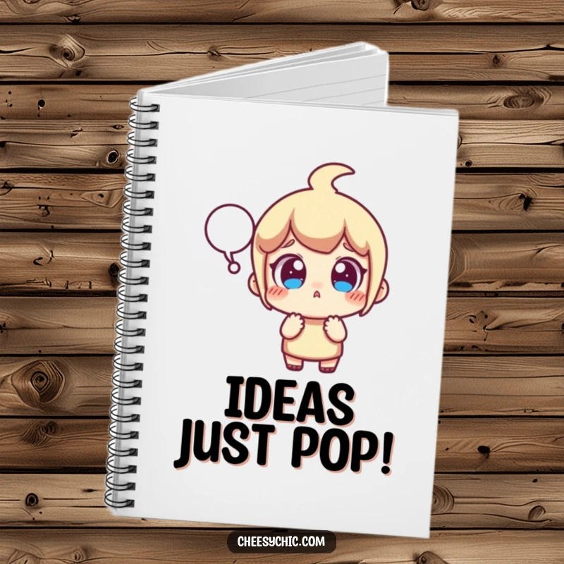 Funny notebook with a small stylized character looking surprised with wide eyes and a popping speech bubble, great for note-taking.