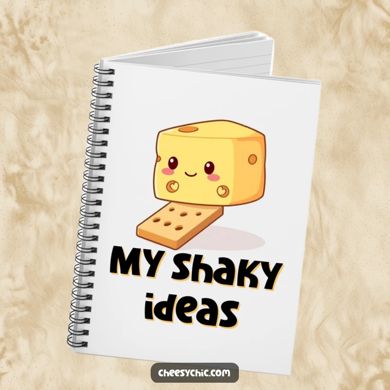 Funny notebook cover with a wobbly block of cheese precariously balancing on a tiny cracker, inspiring humorous and creative note-taking.
